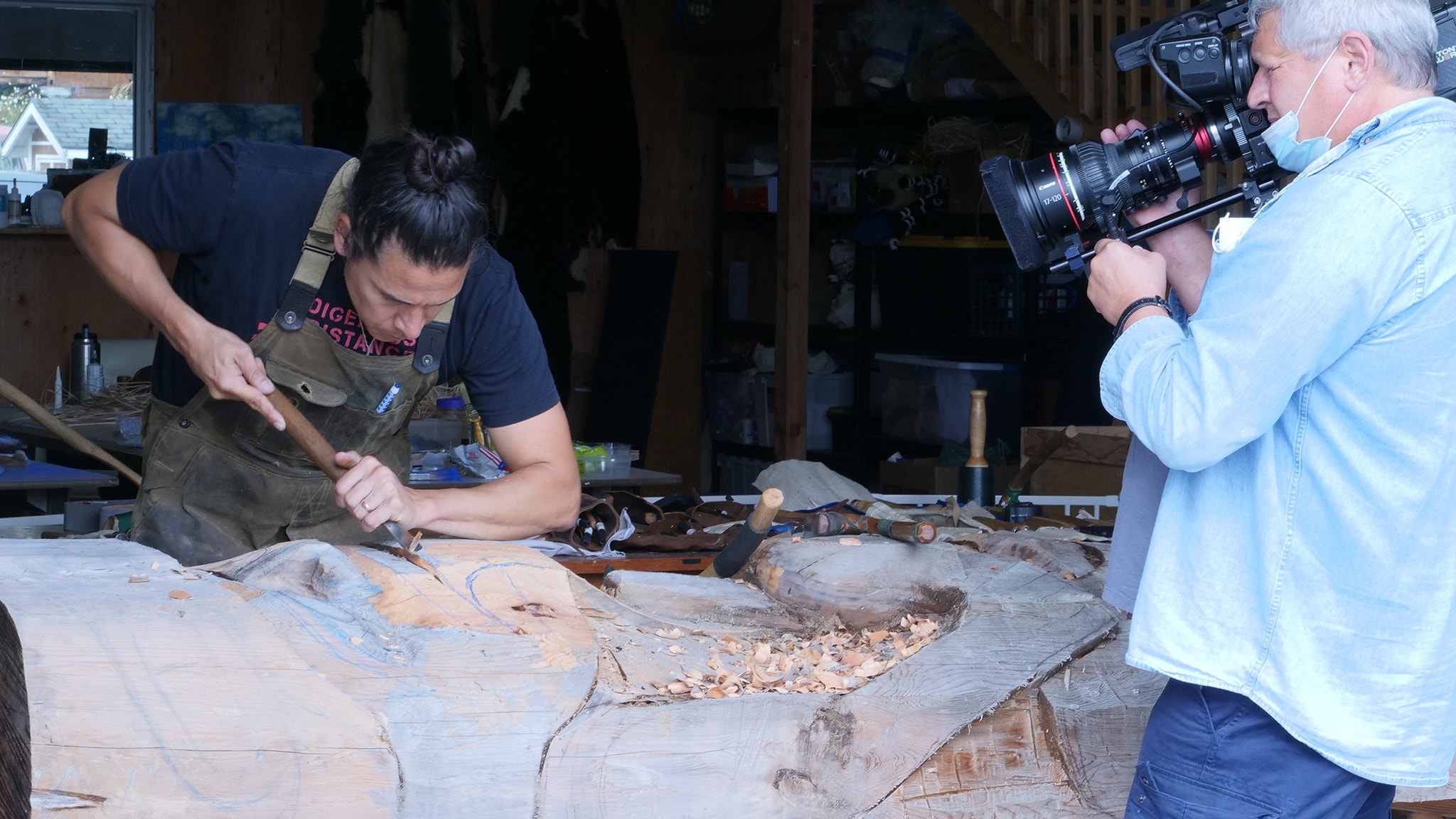 Nicholas Galanin Carving Totem Pole