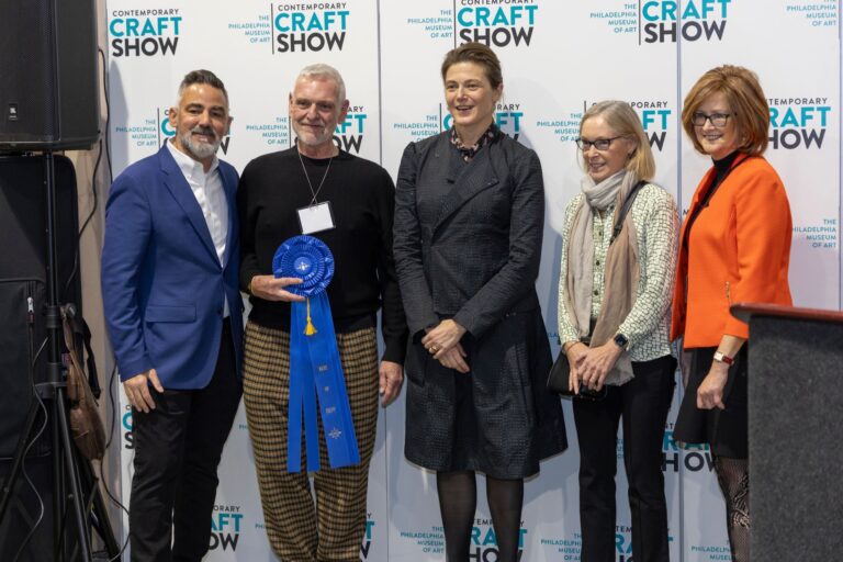 2024 Best of Show award. (L-R) Doug Bucci, Award Judge, Metal artist Robert Farrell, Museum Director Sasha Suda, Award sponsor family representative Mme. Fleming and Nancy O'Meara, Show Director. Kevin Monko, photographer