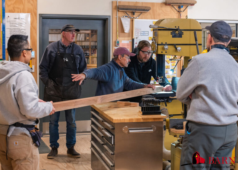 Woodworkers in BARN's Woodworking & Small Boatbuilding Studio craft a new bench for Bainbridge Island's library. BARN/Abby Wyatt