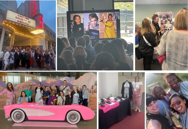 Images from CSA’s 2025 Symposium in Los Angeles: top row—Sony Pictures fundraiser marquee; Ruth E. Carter’s keynote; Angels at LAX Flight Path Museum; Anne Bissonnette presenting her award-winning garment. Bottom row—Academy Museum tour; clockwise from bottom left: Monica Sklar, Kristian Hogans, Sha’Mira Deanne Covington, Clarissa Esguerra; Carol Huls of Dittoform LLC; members-to-members/first-timers meet and greet Images from CSA’s 2025 Symposium in Los Angeles: top row—Sony Pictures fundraiser marquee; Ruth E. Carter’s keynote; Angels at LAX Flight Path Museum; Anne Bissonnette presenting her award-winning garment. Bottom row—Academy Museum tour; clockwise from bottom left: Monica Sklar, Kristian Hogans, Sha’Mira Deanne Covington, Clarissa Esguerra; Carol Huls of Dittoform LLC; members-to-members/first-timers meet and greet. Costume Society of America