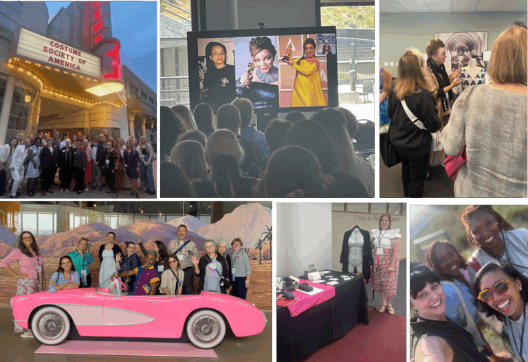 Images from CSA’s 2025 Symposium in Los Angeles: top row—Sony Pictures fundraiser marquee; Ruth E. Carter’s keynote; Angels at LAX Flight Path Museum; Anne Bissonnette presenting her award-winning garment. Bottom row—Academy Museum tour; clockwise from bottom left: Monica Sklar, Kristian Hogans, Sha’Mira Deanne Covington, Clarissa Esguerra; Carol Huls of Dittoform LLC; members-to-members/first-timers meet and greet Images from CSA’s 2025 Symposium in Los Angeles: top row—Sony Pictures fundraiser marquee; Ruth E. Carter’s keynote; Angels at LAX Flight Path Museum; Anne Bissonnette presenting her award-winning garment. Bottom row—Academy Museum tour; clockwise from bottom left: Monica Sklar, Kristian Hogans, Sha’Mira Deanne Covington, Clarissa Esguerra; Carol Huls of Dittoform LLC; members-to-members/first-timers meet and greet. Costume Society of America