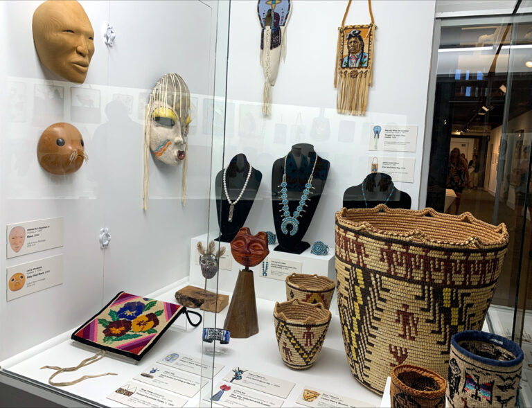 The Indigenous Peoples of North American Gallery at Maryhill Museum of Art. This case currently features work by contemporary artists Lillian Pitt (Wasco/Yakama/Warm Springs), Nettie Jackson (Yakama/Klikitat), Pat Courtney Gold (Wasco/Tlingit), Jackie Larson Bread (Blackfeet), and Maynard Lavadour (Cayuse/Nez Perce). Courtesy Maryhill Museum of Art