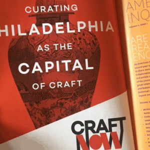 A collage image featuring a female woodworker with blonde hair, an open book with the phrase "curating Philadelphia as the Craft Capital", a potter at the wheel, a blacksmith's hands and a weaver's hands