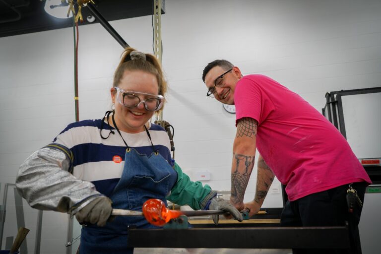 Make Your Own Glass experiences offer complete beginners a safe environment to give glassmaking a try. Make Your Own Glass experiences offer complete beginners a safe environment to give glassmaking a try. Courtesy of Corning Museum of Glass.