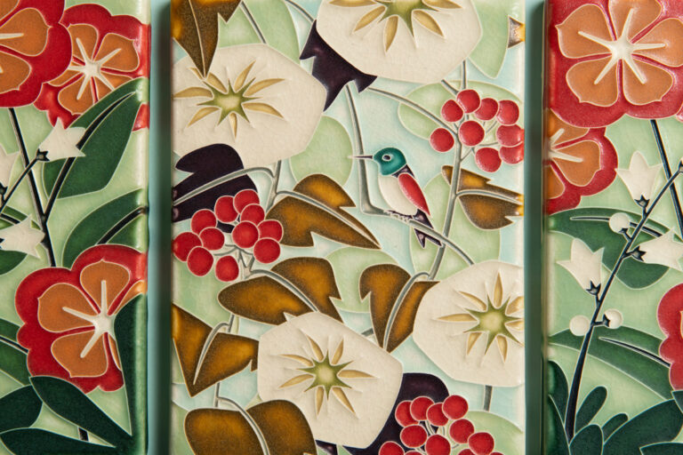 Polychrome floral art tiles by Motawi, inspired by the Arts and Crafts movement. Emily Berger