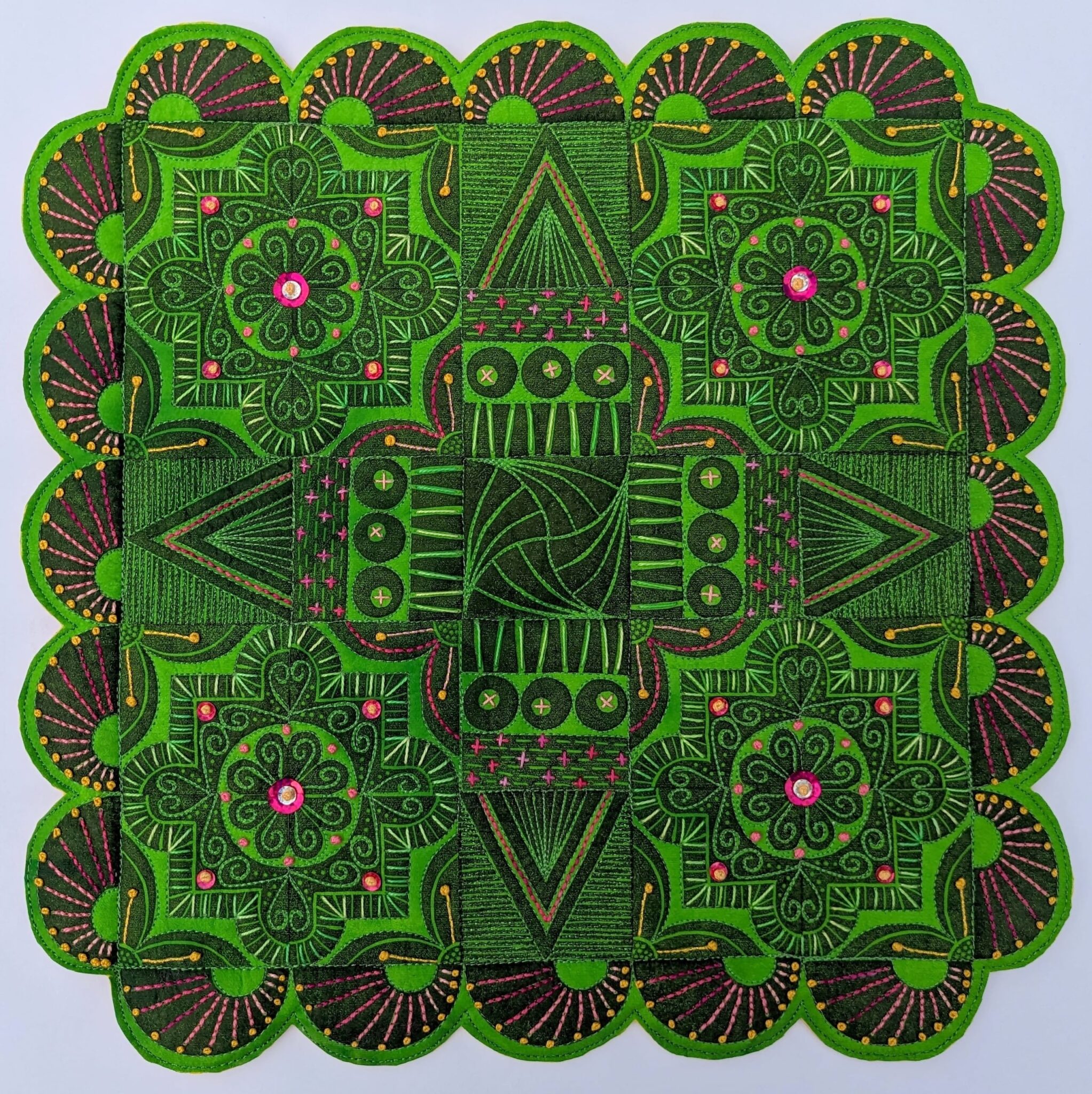 This is the second in Mel Beach's series of wholecloth art quilts layered with painted and block-printed Evolon, free-motion quilting, hand embroidery and a few sequins for bling factor. Each transformation is both meditative and fun. This is a piece in VMOTA's Permanent Collection. Courtesy of Mel Beach