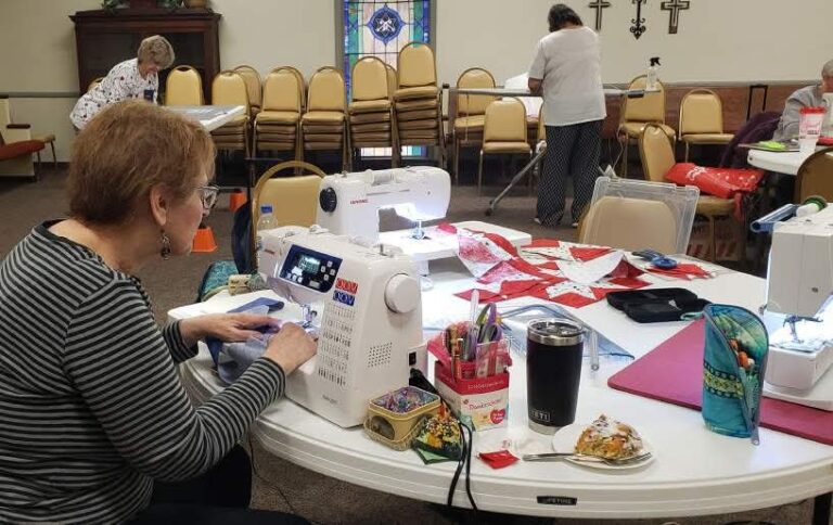 Quilts of Valor members meet together in a variety of settings to create quilts. Quilts of Valor Marketing