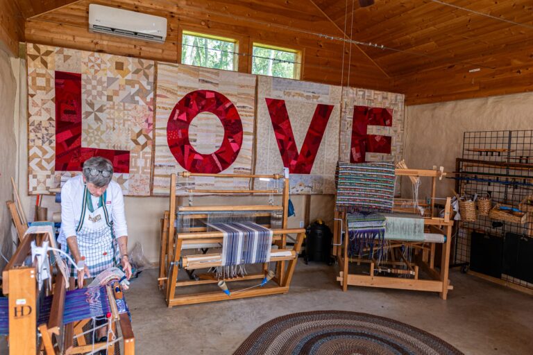 Floyd Living Traditions Festival - Loom Barn, Demonstration by Maryanne Mullins, and Virginia LOVE Quilts made by the Floyd Quilt Guild. Rob Simmons