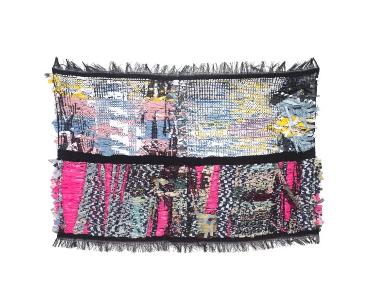 Rachel Meginnes, Frolic, Handwoven deconstructed quilts, surveyor's tape and reclaimed textiles. Rachel Meginnes