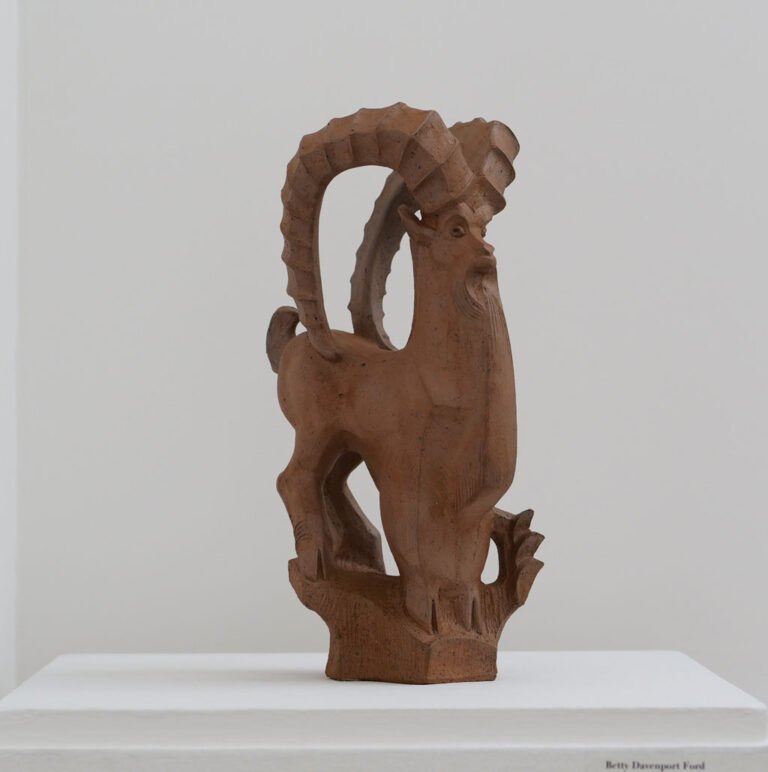 Betty Davenport Ford "Wild Goat" , 1955, stoneware, 46" x 26" x 15" Collection of Forrest L Merrill. M. Lee Fatheree photographer for catalog "HERALDING: Sixty Artists from the Collection of Forrest L. Merrill"