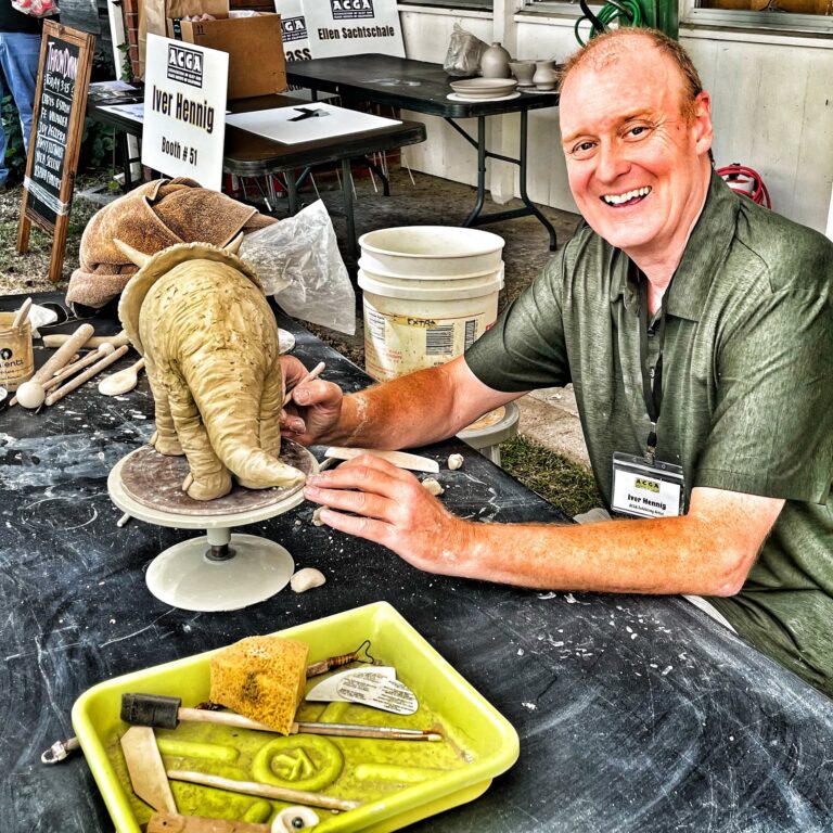 Iver Hennig demonstrates handbuilding techniques for clay sculpture at the ACGA Clay & Glass Festival in Palo Alto CA. Photo by Ren Lee