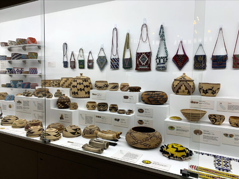 The Indigenous Peoples of North American Gallery at Maryhill Museum of Art showing a detail of the California display: baskets and beadwork from Northern California. Courtesy Maryhill Museum of Art