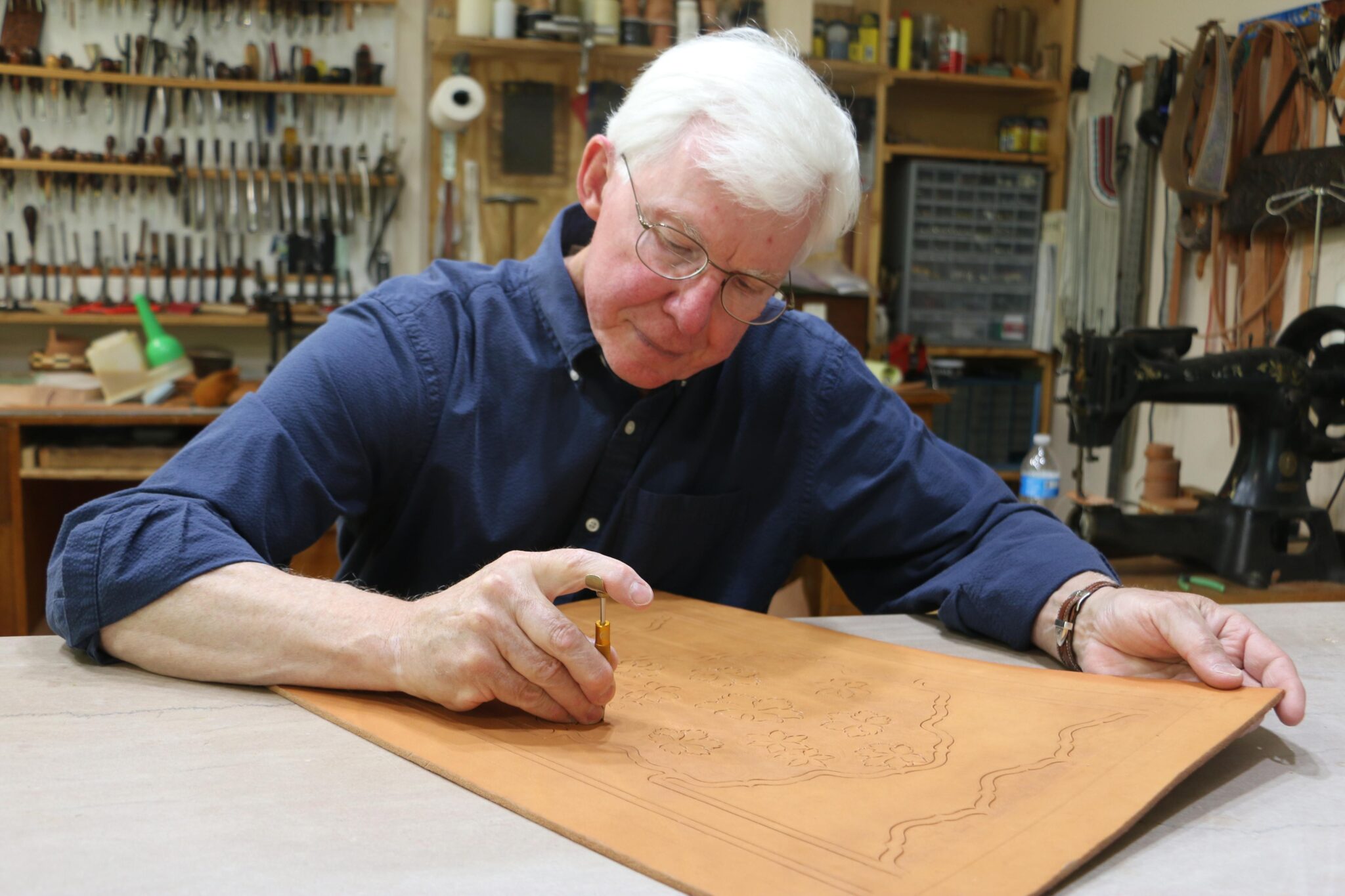 Jim Jackson, leather carver from Sheridan, Wyoming. Josh Chrysler/Wyoming Folklife Collection