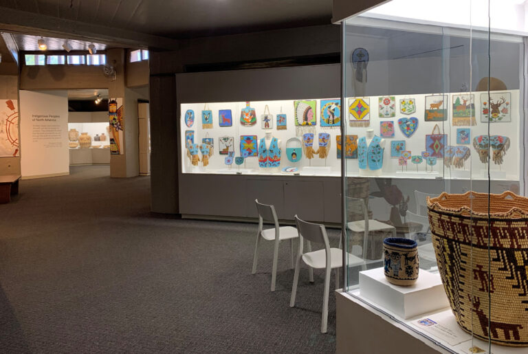 The Indigenous Peoples of North American Gallery at Maryhill Museum of Art; historic Columbia River Plateau pictorial beadwork display in the middle distance. Courtesy Maryhill Museum of Art