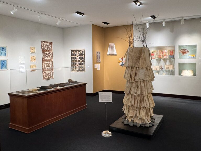 The RCWMP Changing Exhibit large gallery, featuring Bark Rhythms: Contemporary Innovations & Ancestral Traditions, on display May 6 – August 23, 2024. The RCWMP Changing Exhibit large gallery, featuring Bark Rhythms: Contemporary Innovations & Ancestral Traditions, on display May 6 – August 23, 2024. Photo courtesy of Robert C. Williams Museum of Papermaking