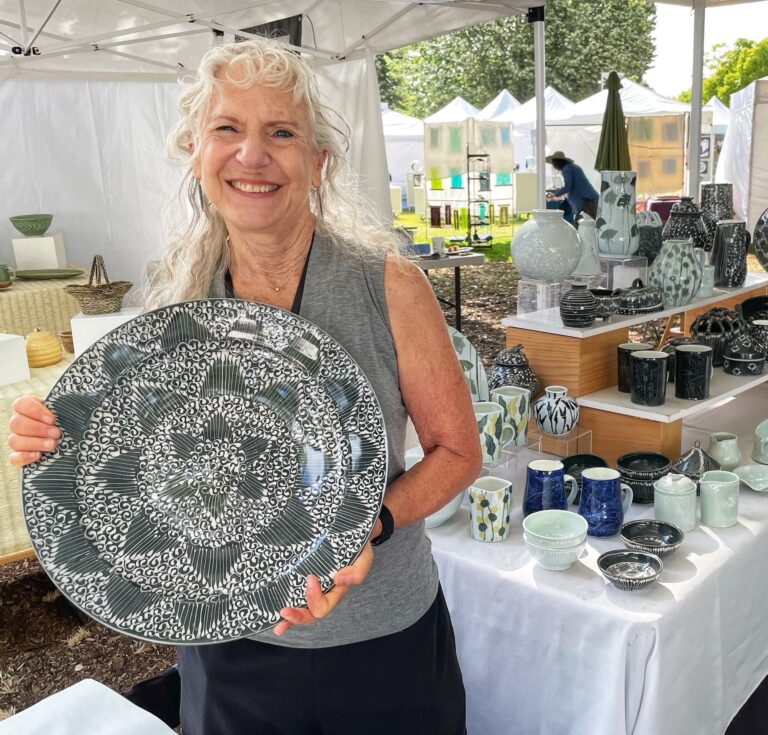 Susie Rubenstein displays her high fired porcelain table ware. She is based in San Juan Capistrano, California. Photo by Ren Lee