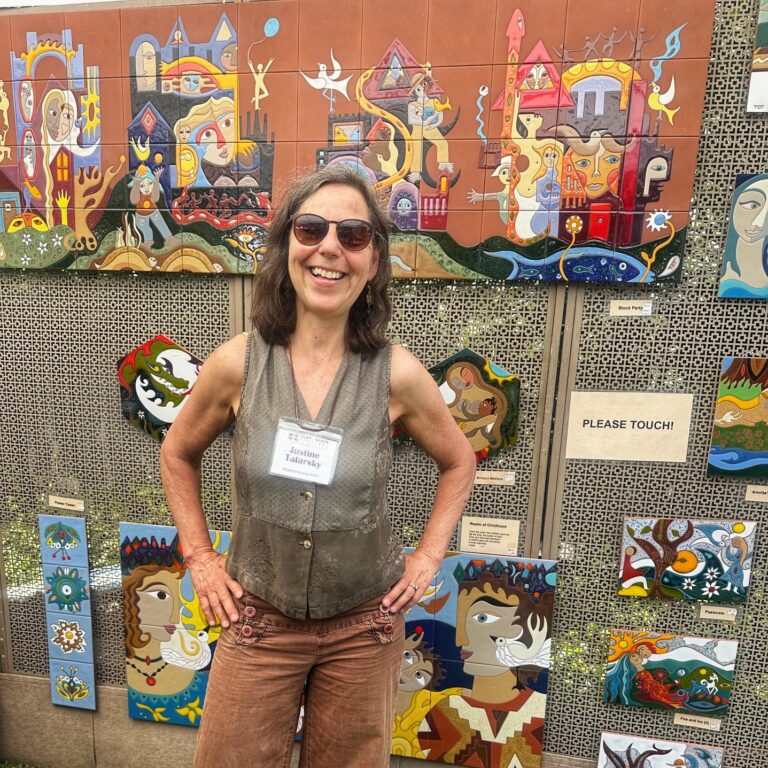 Justine Tatarsky of Art on Tile displays her tile work at the ACGA Clay & Glass Festival in Palo Alto CA. Photo by Mari Emori