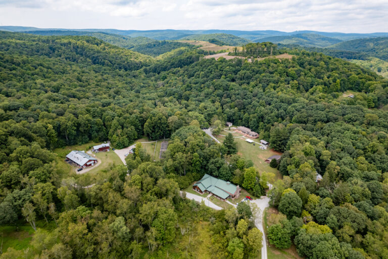 Touchstone Center for Crafts wooded campus aerial view. Alex Byers