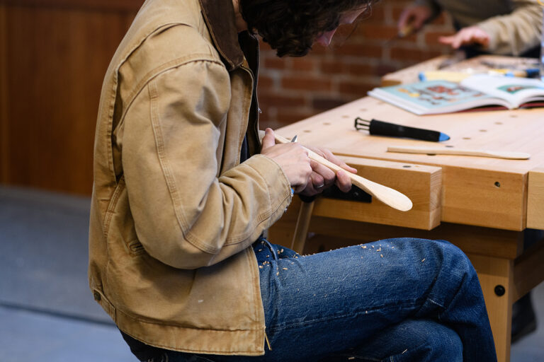 photo by Nathan J Shaulis / Porter Loves A student participates in a carving workshop in Contemporary Craft's new Windgate Wood Studio. photo by Nathan J Shaulis / Porter Loves