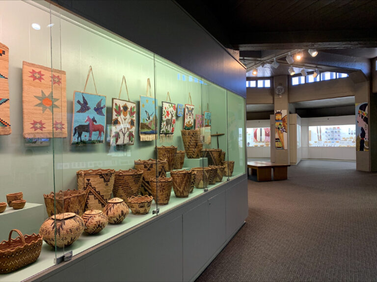 The Indigenous Peoples of North American Gallery at Maryhill Museum of Art showing portions of the Wyers Collection: basketry and beadwork by historic Klikitat artists. Courtesy Maryhill Museum of Art