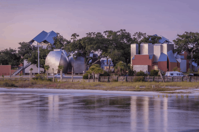 Ohr-O'Keefe Museum of Art, photographed across the water of the Atlantic Ocean Gulf in Mississippi. Photo © A. Zahner Company.