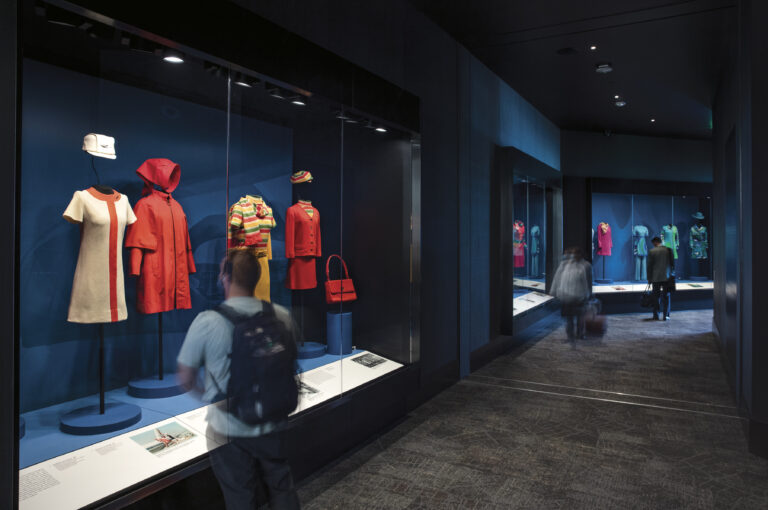 "Flight Patterns—Airline Uniforms from the 1960s–70s" on display at SFO Museum in Harvey Milk Terminal 1. Photo by SFO Museum