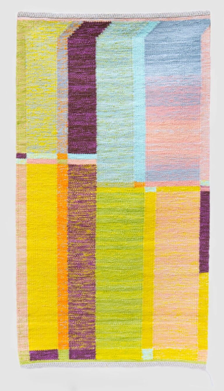 "Roses in a Broken Vase" by Christine Novotny, 2024, Hand dyed wool, linen Rölakan tapestry. Photo credit: Christine Novotny