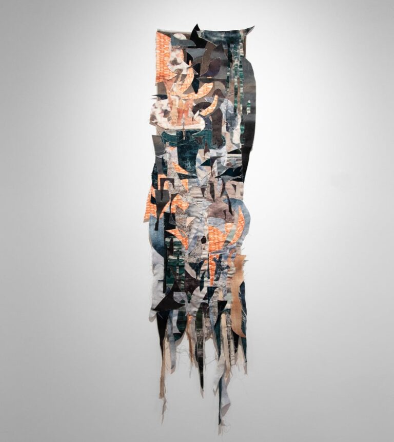 Aneesa Shami Zizzo If jido was a poet..., 2023 reclaimed textile industry fabric samples using hand-stitched applique 12in W x 36in L x 3/4in D. credit: Aneesa Shami Zizzo