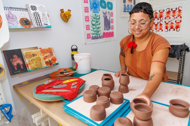 Houston Center for Contemporary Craft resident artist Gabo Martinez in her studio. Photo by Katy Anderson. Houston Center for Contemporary Craft resident artist Gabo Martinez in her studio. Photo by Katy Anderson.