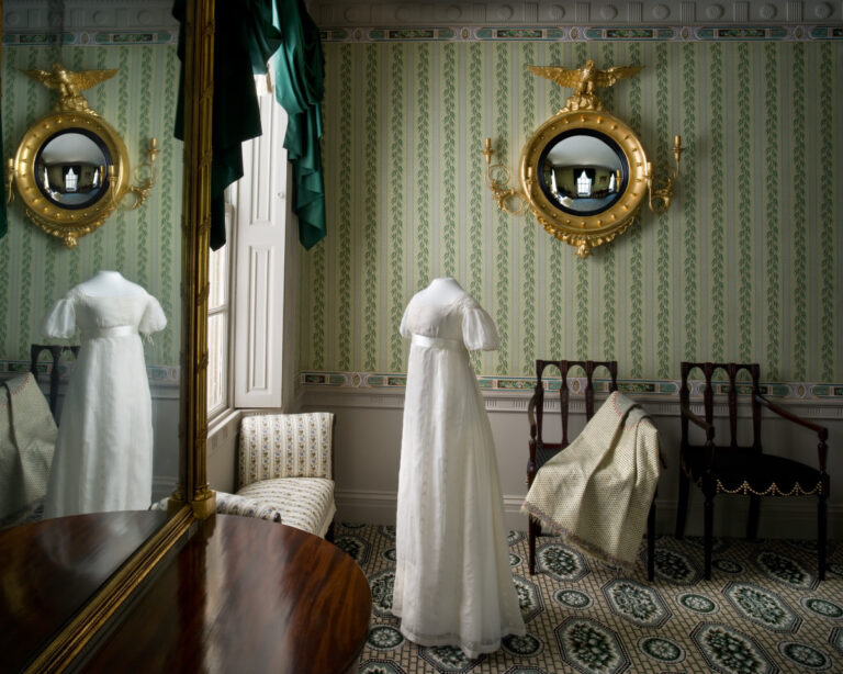 Artist in Salem, Massachusetts and India, wedding dress and shawl of Sarah Peirce-Nichols, about 1801. Cotton (dress), cashmere and wool (shawl). Gift of the estate of Charlotte Sanders Nichols, 1938. 123571.W, 123590.2. Peabody Essex Museum. Photographed at Peirce-Nichols House by Dennis Helmar. Courtesy Peabody Essex Museum. Artist in Salem, Massachusetts and India, wedding dress and shawl of Sarah Peirce-Nichols, about 1801. Cotton (dress), cashmere and wool (shawl). Gift of the estate of Charlotte Sanders Nichols, 1938. 123571.W, 123590.2. Peabody Essex Museum. Photographed at Peirce-Nichols House by Dennis Helmar. Courtesy Peabody Essex Museum.