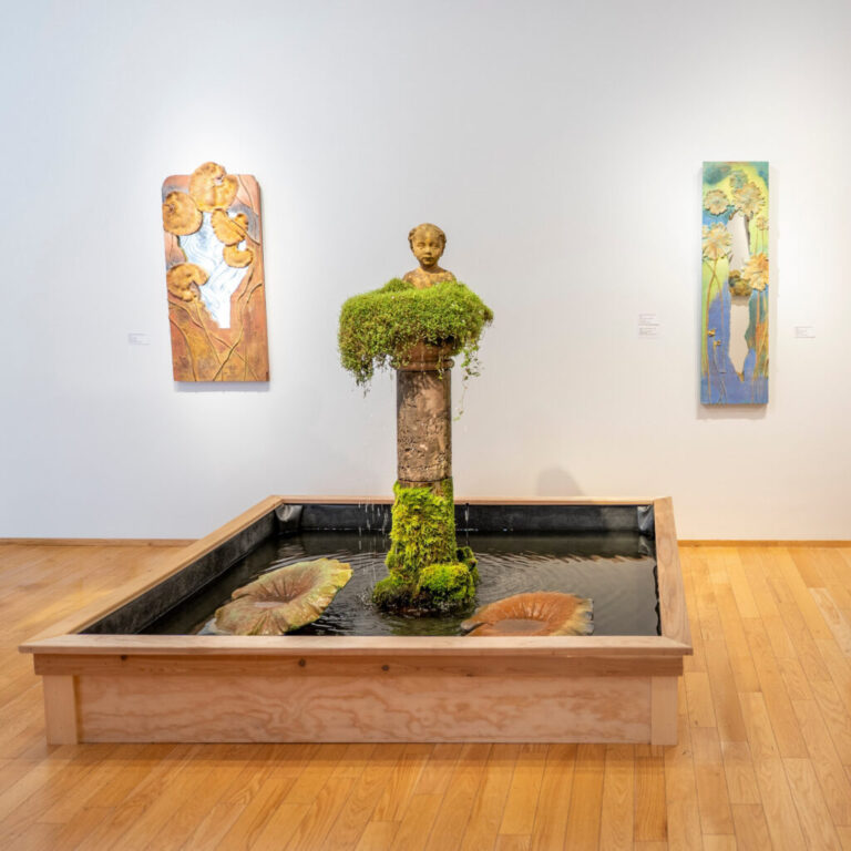 Left: Little and Lewis (George & David Lewis), Water Lily Mirror, Painted concrete, Collection of Cynthia Sears. Middle: Little and Lewis (George & David Lewis), Tuscan Column, circa 1980, Painted concrete, Collection of the Artists. Right: Little and Lewis (George & David Lewis), Petasites Mirror, 2009, Painted concrete, Collection of Cynthia Sears.