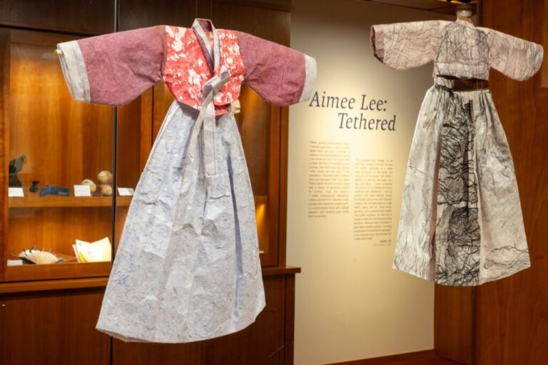 Left: Aimee Lee, Glad, 2017, Natural dye on handmade papers including hanji, thread, Courtesy of the Artist. Right: Aimee Lee, Lode, 2023, Ink (printed laced paper mulberry bark) and natural dye on hanji, thread, Courtesy of the Artist. Photo by Keith Brofsky.