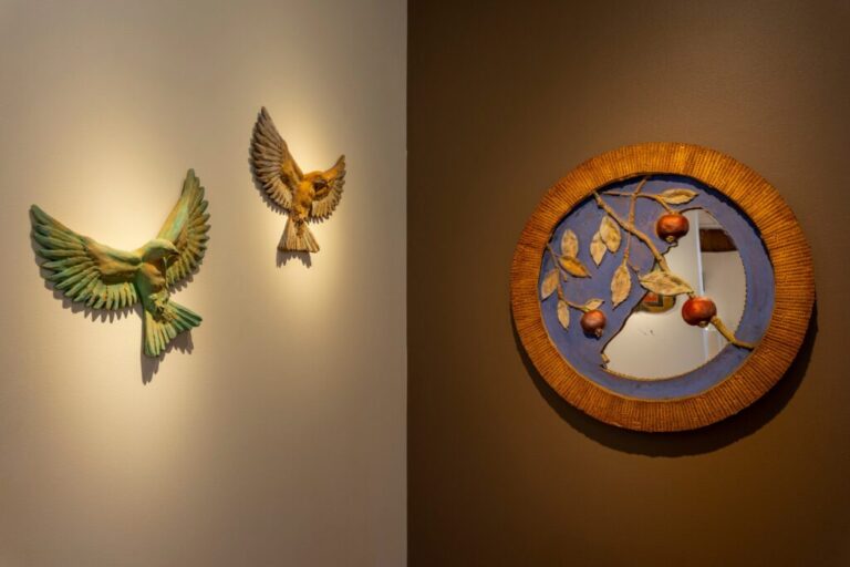 Left: Little and Lewis (George & David Lewis), Turtle Doves, circa 1995, Painted concrete, Collection of Maxine Steele. Right: Little and Lewis (George & David Lewis), Round Pomegranate Mirror, 2004, Painted concrete, Collection of Ben Leifer. Photo by Keith Brofsky