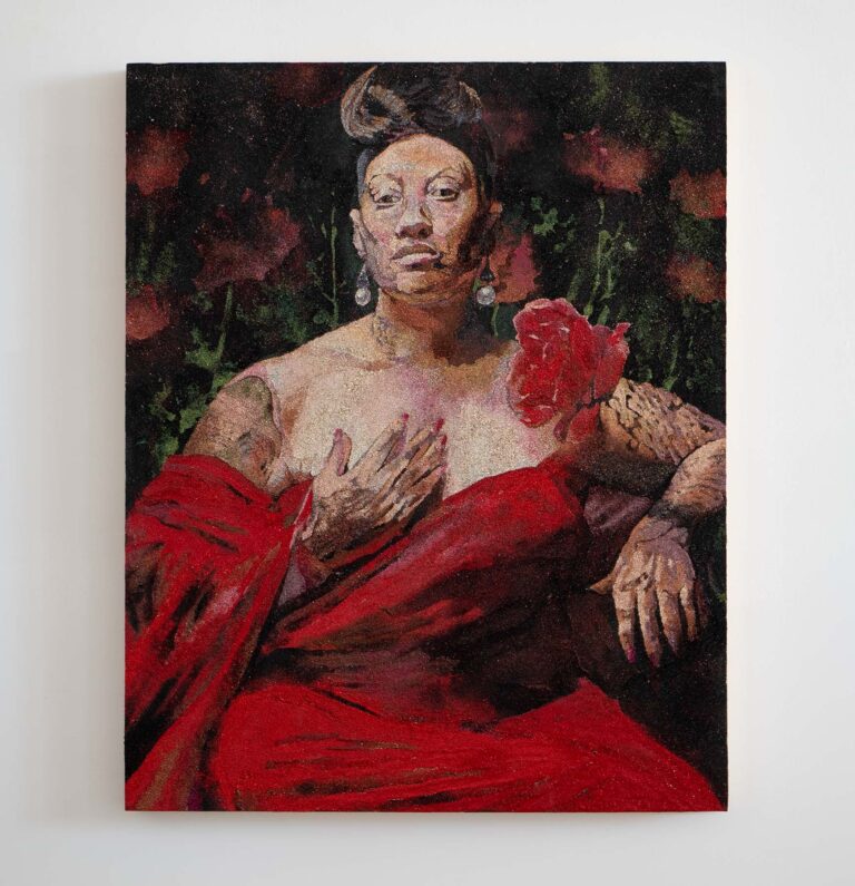 Jamie Vasta | A Vision of Fiammetta, after Rosetti | 2023 | glitter and glue on wood panel |30 x 24 inches (77.4 cm x 61.92 cm). PSG