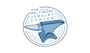 Baltimore Jewelry Center Logo, blue outline of an anvil with circular sound waves raditing off of it. Elliot Keeley