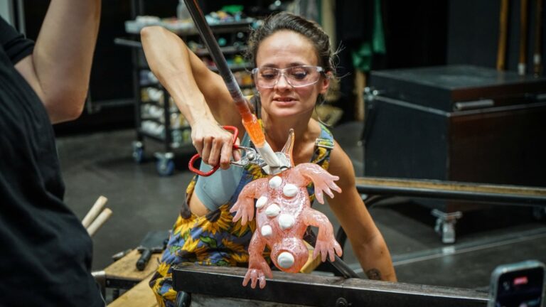 Season 3 Blown Away contestant Madeleine Hughes demonstrates glassmaking live at the Museum. Courtesy of Corning Museum of Glass