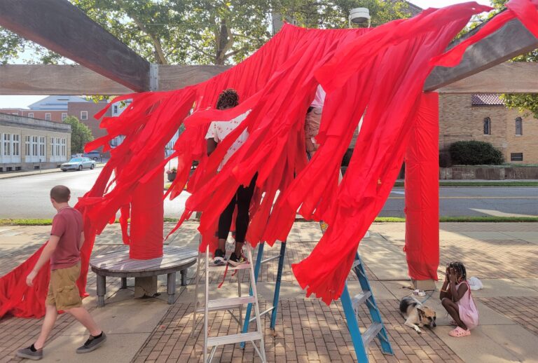 Installation of “Pergola Pop Up”, a community collective fiber installation by Moya Jones. Our community was invited to yarn-bomb the artwork during the Fitton Center’s annual Season Launch event. Courtesy of Fitton Center for Creative Arts