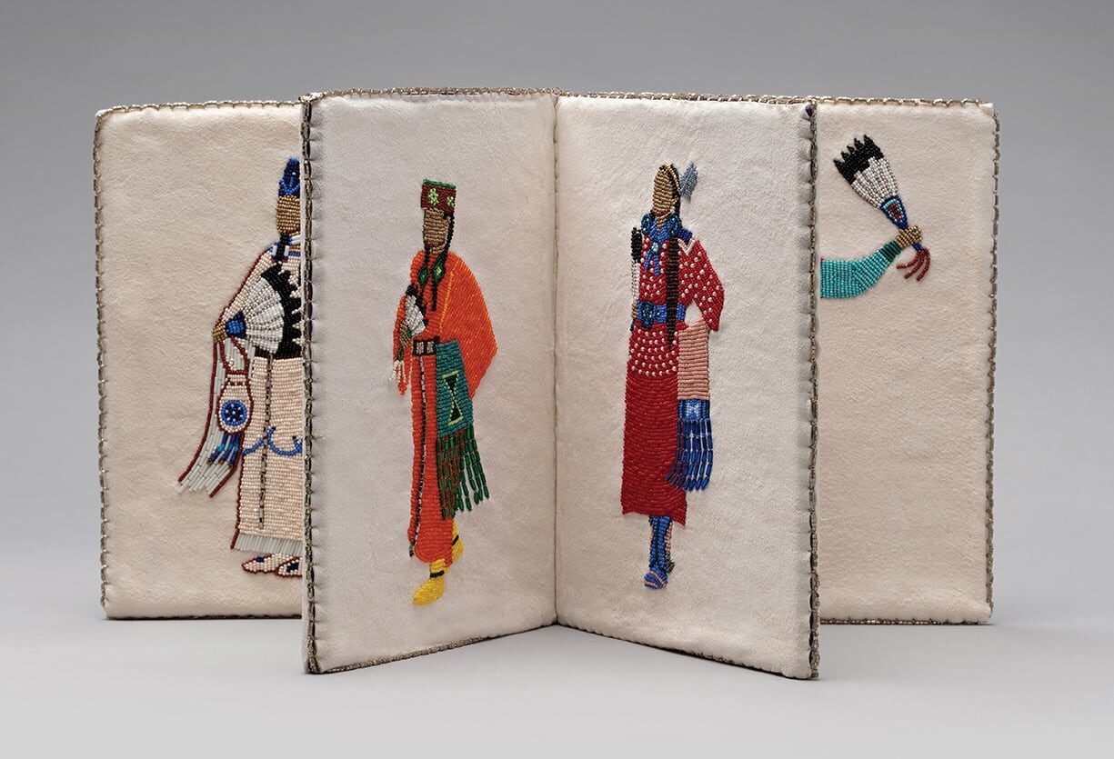 Teri Greeves (Santa Fe, NM), "Indian Couture: Book of Dance and Dress", 2008, Accordion with brain-tanned deer hide, glass, silver and lead crystal beads, silk brocade, 9”h x 7.25”w x 2”d (closed), 41”w (open), unique