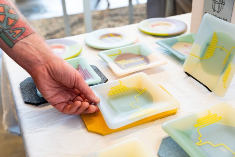 Glass products created by Pittsburgh-based maker Camp Copeland Studio for sale at Handmade Arcade’s 2022 Holiday Market. Maker Products Pictured: Camp Copeland Studio (Photo Credit: Kitoko Chargois, courtesy of Handmade Arcade) Glass products created by Pittsburgh-based maker Camp Copeland Studio for sale at Handmade Arcade's 2022 Holiday Market. Maker Products Pictured: Camp Copeland Studio (Photo Credit: Kitoko Chargois, courtesy of Handmade Arcade)