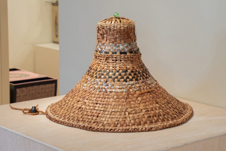 Barbara Anne Lawrence (Suquamish), "Cedar Hat", 2024, red cedar, yellow cedar trim, black dyed yellow cedar, abalone ribbon, leather bead, BIMA Permanent Art Collection, Gift of Greg Robinson