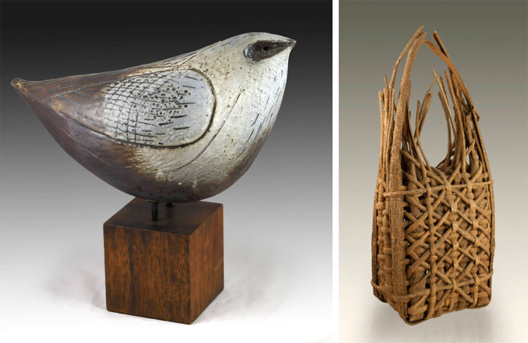 Left: Aves by Viktor Schreckengost, Right: Plaited Mulberry Bark Basket by Dorothy Gill Barnes. Ohio Craft Museum