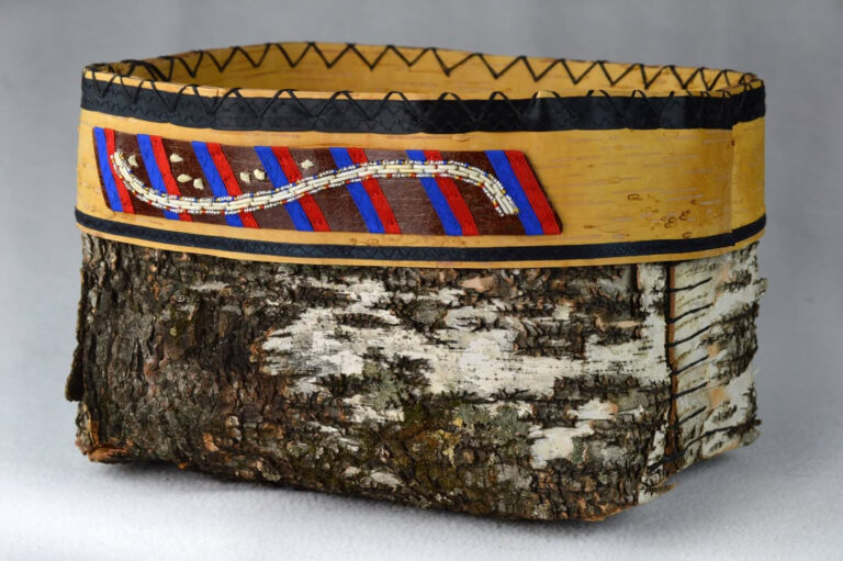 "Origin Story 2023" by Penny Kagigebi, 2023, Birchbark, porcupine quills, glass seed beads, ribbon, cordage Machine-sewing, appliqué beadwork, unique Woodland porcupine quillwork. Joseph J. Allen