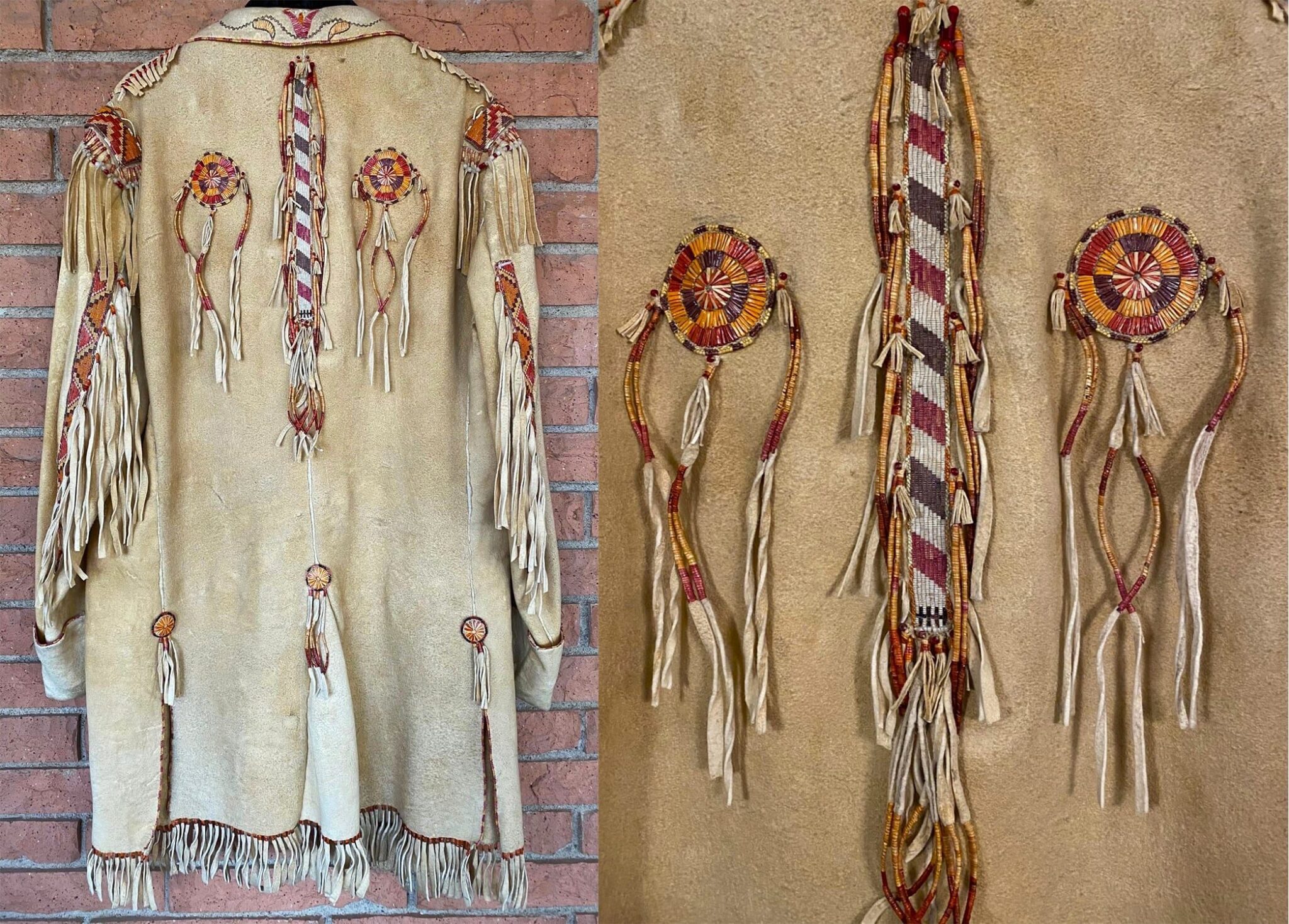 Detail of "Quilled Jacket with Shirt and Trousers" by Joe Savage, Porcupine quills, trade beads, buckskin, sinew, basswood bark fibers, natural dyes, brass button bases, woven, stitched, edged, sewn, ric rac quillwork. Joe Savage