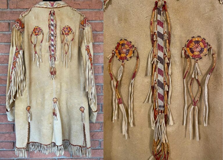 Detail of "Quilled Jacket with Shirt and Trousers" by Joe Savage, Porcupine quills, trade beads, buckskin, sinew, basswood bark fibers, natural dyes, brass button bases, woven, stitched, edged, sewn, ric rac quillwork. Joe Savage
