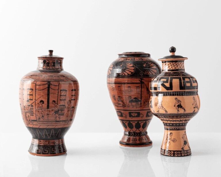 Three vessels from the Orange and Black series. Glazed Terracotta. Roberto Lugo