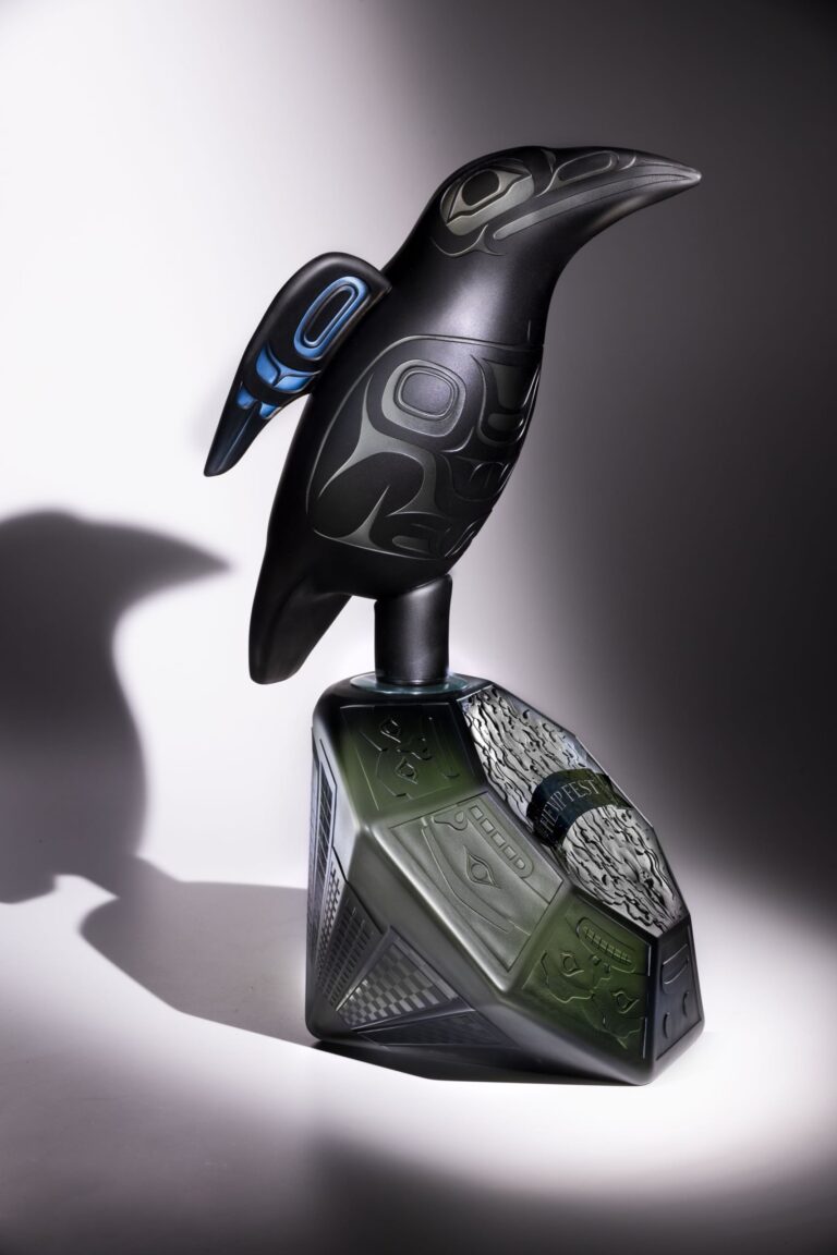 Preston Singletary (Tlingit) - Emerald City, 2026 Blown and sand carved glass, 26”h x 14”w x 10”d. Courtesy of Traver Gallery
