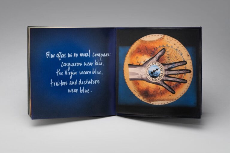 Lynn Skordal (La Conner, WA), A Blue Thread Runs Through It, 2015, Altered book, mixed media collage, 10”h x 19.875”w x .375”d, unique Lynn Skordal (La Conner, WA), A Blue Thread Runs Through It, 2015, Altered book, mixed media collage, 10”h x 19.875”w x .375”d, unique, photo by Hunter Stroud & Laura Zander