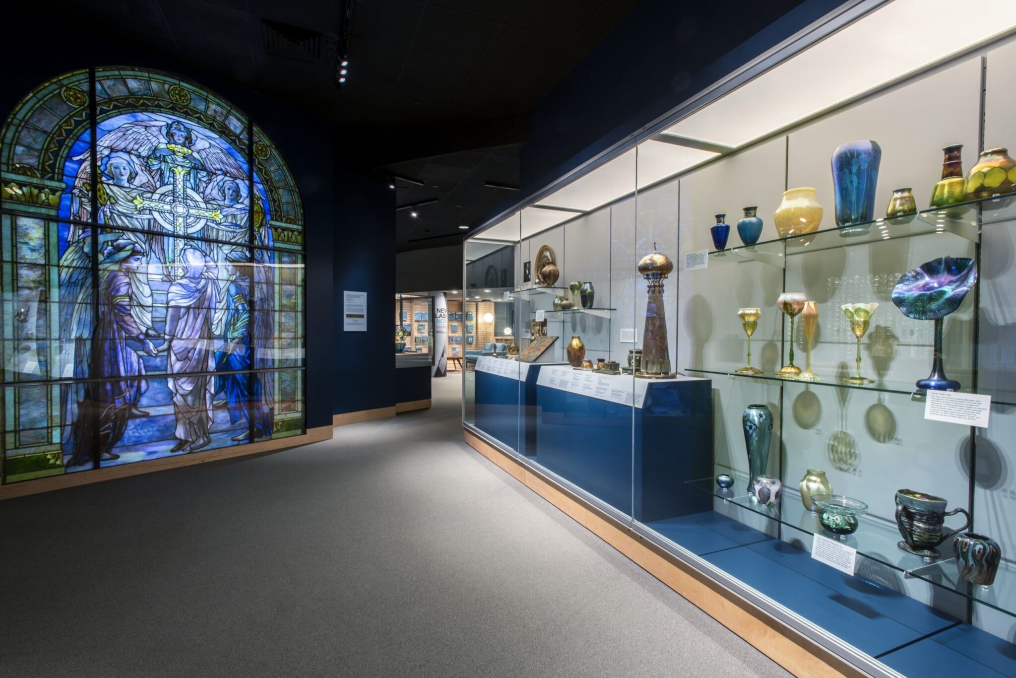 The Tiffany Studios Gallery showcases a wide variety of Tiffany Studios projects, from household items to stained glass windows. Courtesy of Corning Museum of Glass