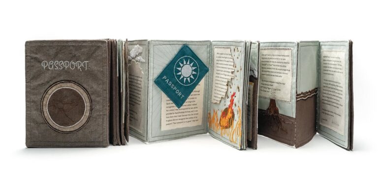 Shu-Ju Wang, Passport, 2024, Polyester landscape fabric, cotton and polyester, plant roots, laser print, handmade paper, hand and machine sewn, 7.5”h x 6”w x 2.5”d closed, 7.5”h x 132”w open, Unique, Commissioned by the Cynthia Sears Artists' Books Collection for Crossing the Line: The Passport Reimagined.