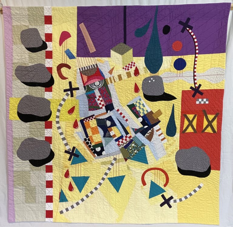 Wrong Rock by Michelle Lipson (Size 64″ x 64″). February 2025 Materials: repurposed clothing,linen, silk and cotton fabric, linen/silk yarn. Technique: cording, machine pieced, hand applique,embroidered, couche threads and hand quilted with various threads. Michelle Lipson Wrong Rock by Michelle Lipson (Size 64" x 64"). February 2025 Materials: repurposed clothing,linen, silk and cotton fabric, linen/silk yarn. Technique: cording, machine pieced, hand applique,embroidered, couche threads and hand quilted with various threads. Michelle Lipson